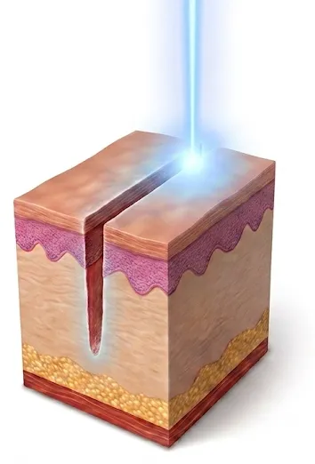 Ablative laser vaporizing a precise groove of tissue through the epidermis into the dermis