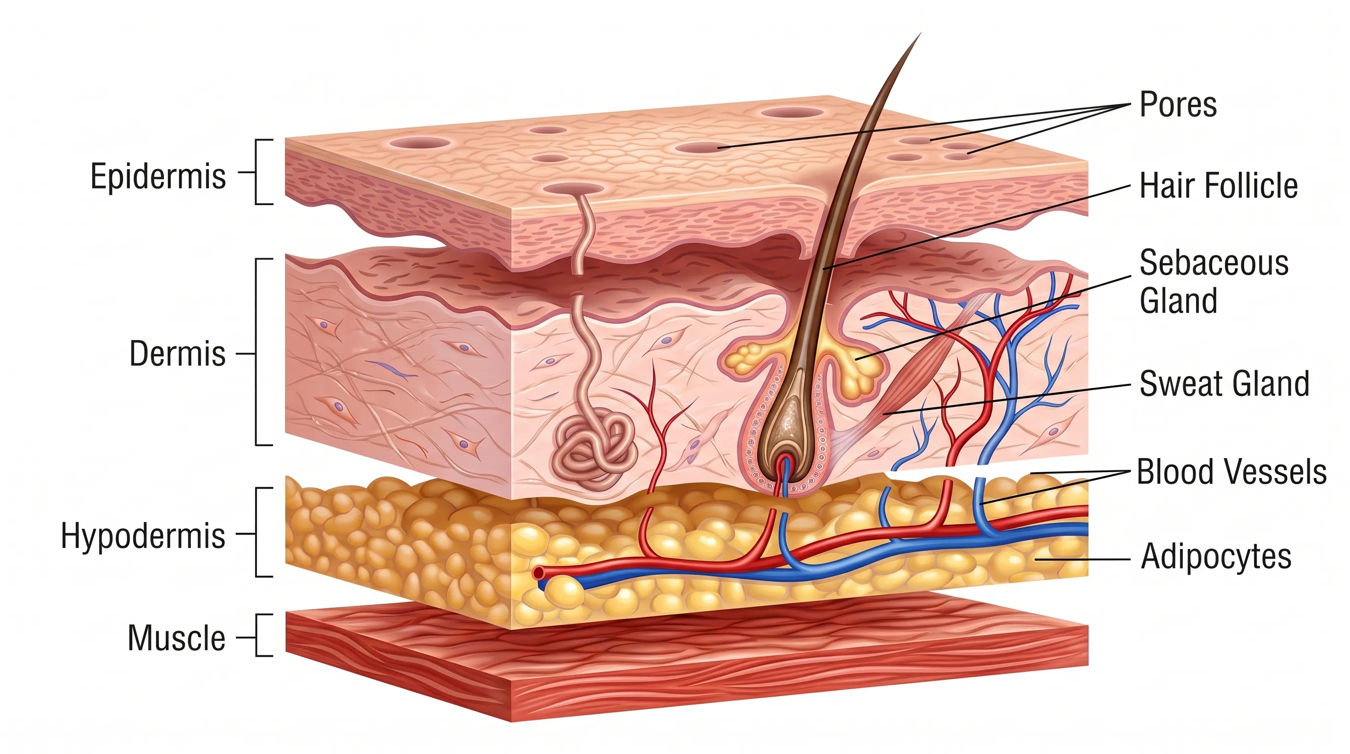 Cross-section illustration of the skin's layers: the epidermis on top, the dermis with a hair follicle, glands and blood vessels, the fatty hypodermis, and muscle at the base
